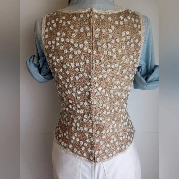 Adrianna Papell Gold White Pearl Beaded Layering Top Sleeveless Silk Size 8P - Picture 8 of 15